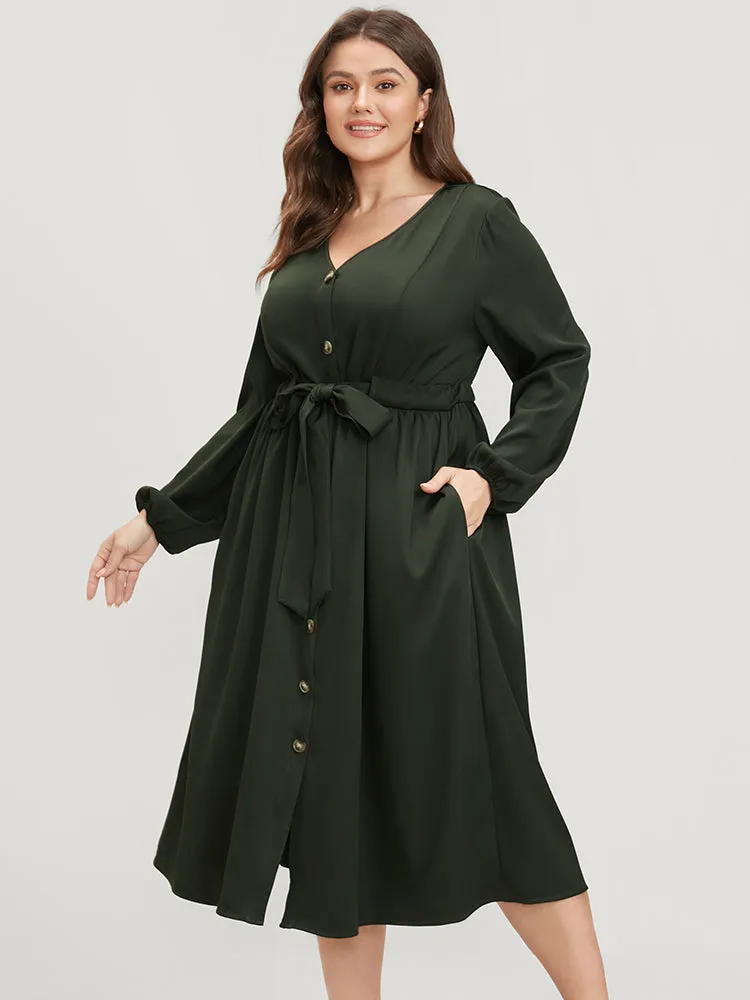 Solid Button Through Pocket Lantern Sleeve Tie Up Dress sold by Bloomchic product image thumbnail 2