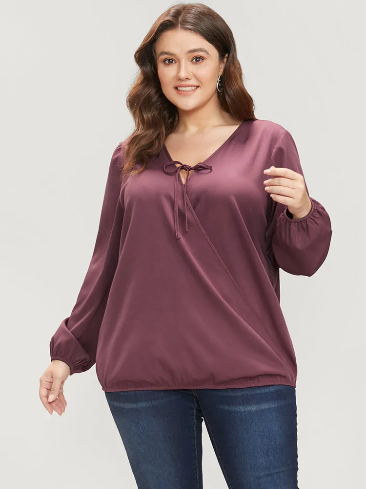 Solid Lantern Sleeve Tie Neck Wrap Blouse sold by Bloomchic product image thumbnail 4