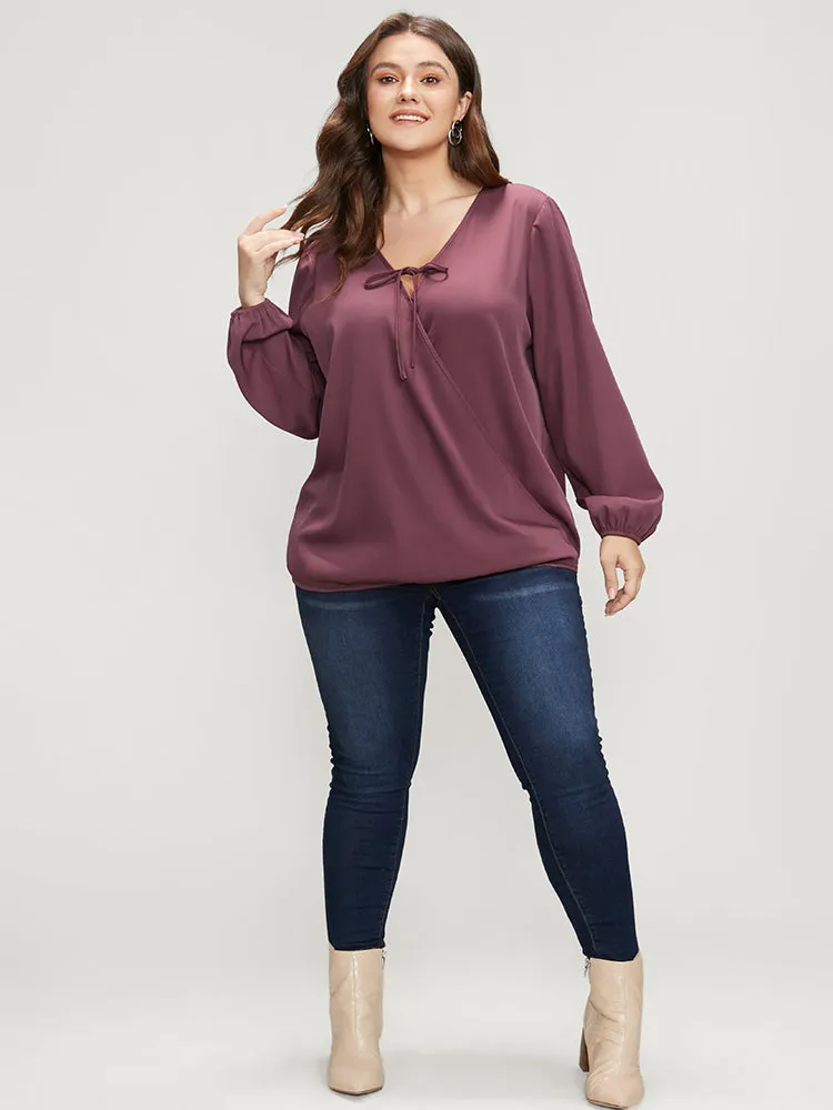 Solid Lantern Sleeve Tie Neck Wrap Blouse sold by Bloomchic product image thumbnail 3