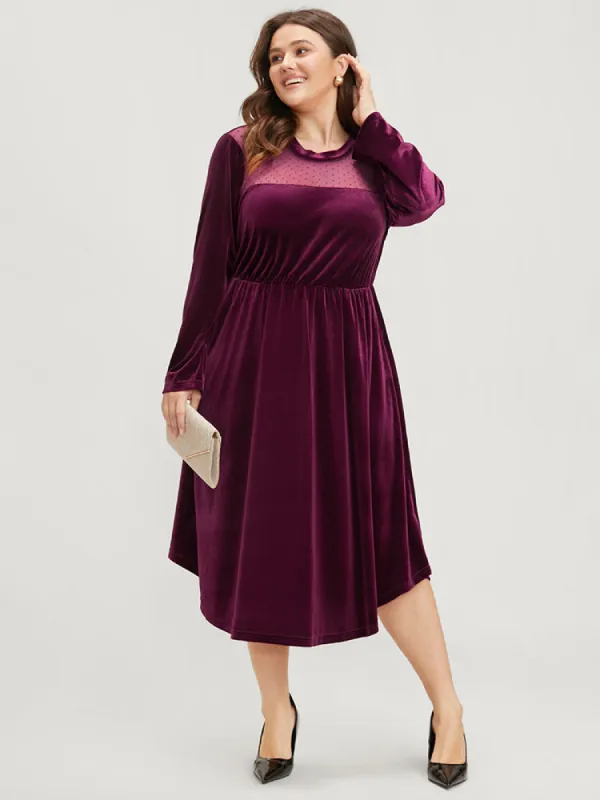 Solid Mesh Patchwork Pocket Velvet Arc Hem Dress sold by Bloomchic