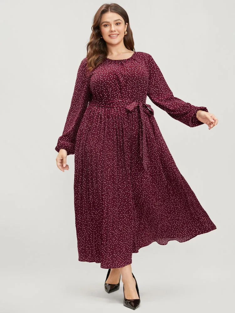 Polka Dot Lantern Sleeve Pocket Belted Pleated Dress sold by Bloomchic product image thumbnail 4
