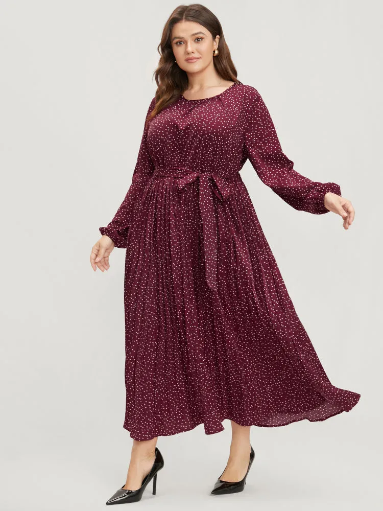 Polka Dot Lantern Sleeve Pocket Belted Pleated Dress sold by Bloomchic