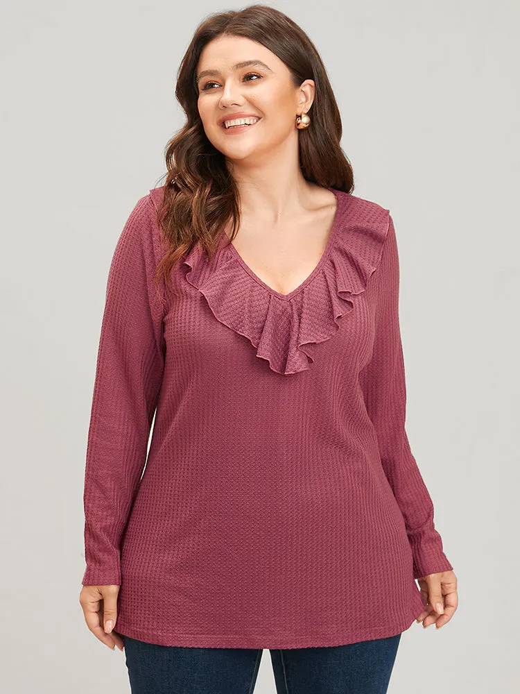 Solid Ruffle Trim V Neck Long Tee sold by Bloomchic product image thumbnail 2