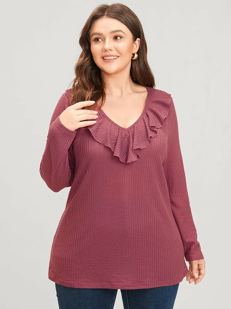 Solid Ruffle Trim V Neck Long Tee sold by Bloomchic product image thumbnail 3