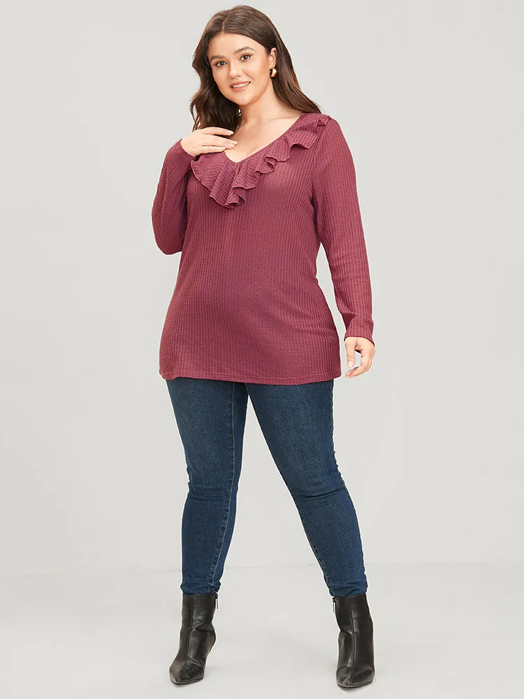 Solid Ruffle Trim V Neck Long Tee sold by Bloomchic product image thumbnail 4