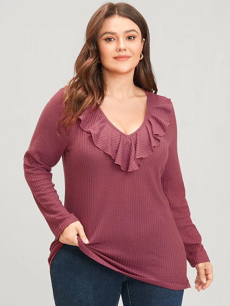 Solid Ruffle Trim V Neck Long Tee sold by Bloomchic
