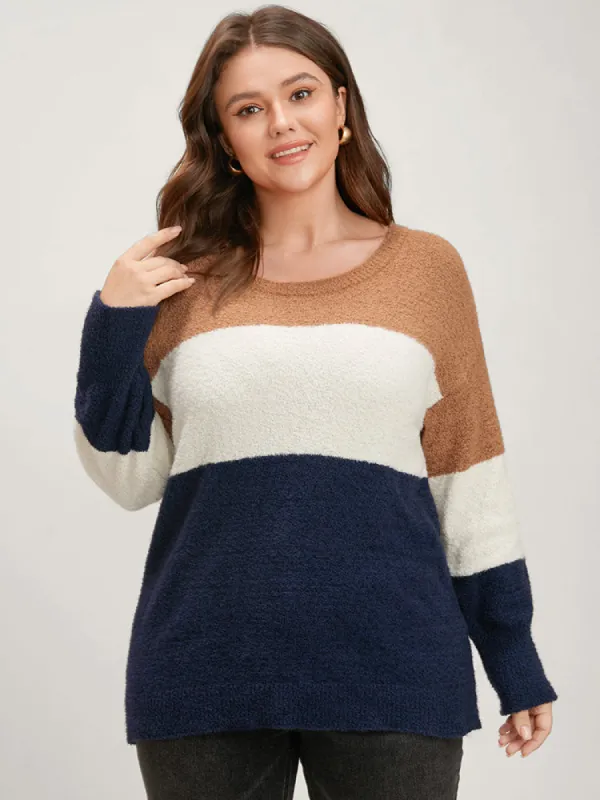 Colorblock Contrast Super Soft Knit Round Neck Knit Top sold by Bloomchic