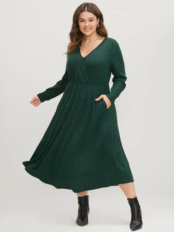 Solid Pocket Surplice Neck Rib Knit Marled Dress sold by Bloomchic