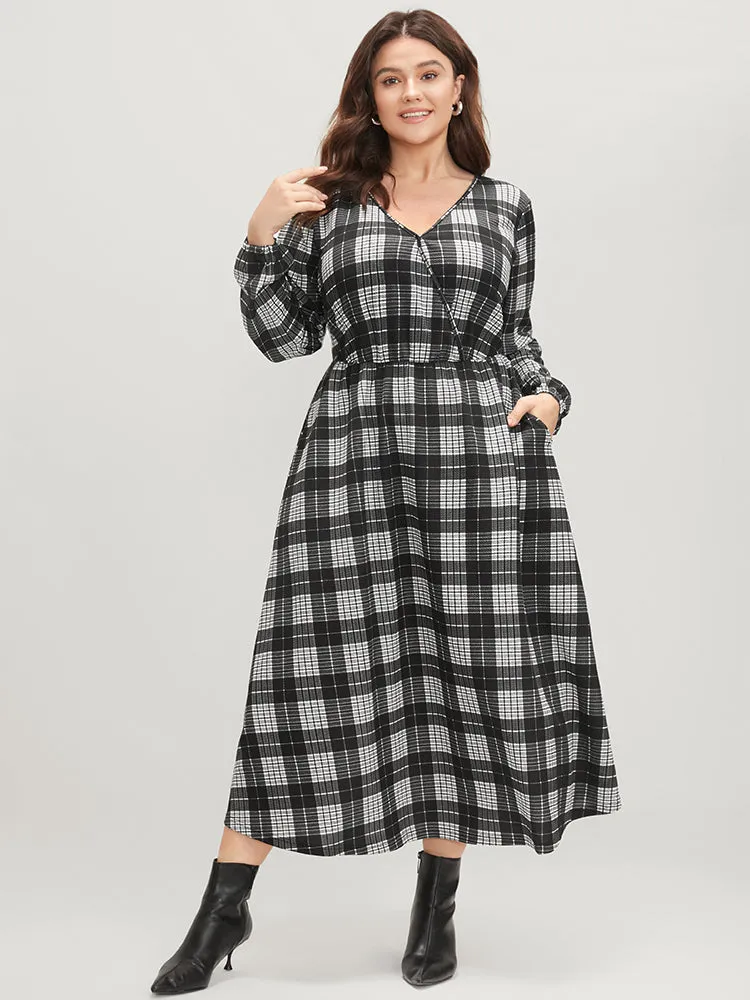 Plaid Print Pocket Lantern Sleeve Surplice Neck Midi Dress sold by Bloomchic
