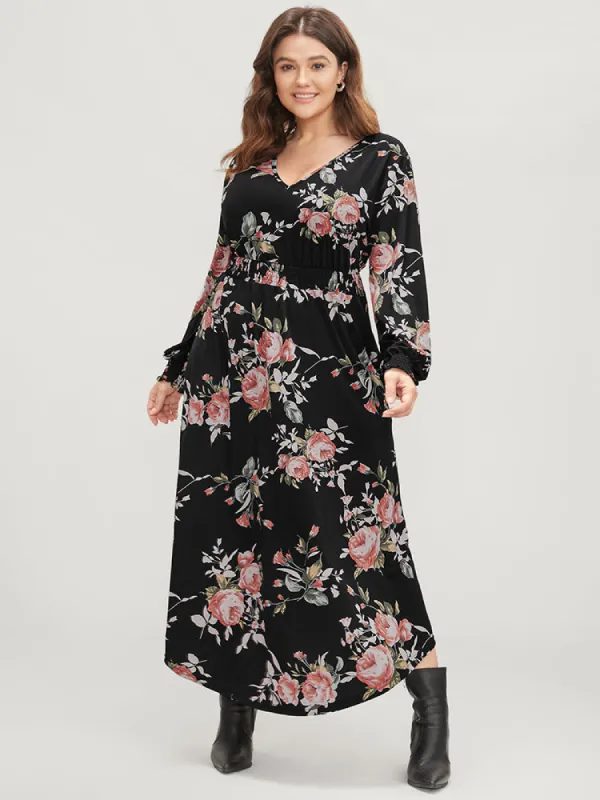 Floral Print V Neck Pocket Shirred Arc Hem Dress sold by Bloomchic