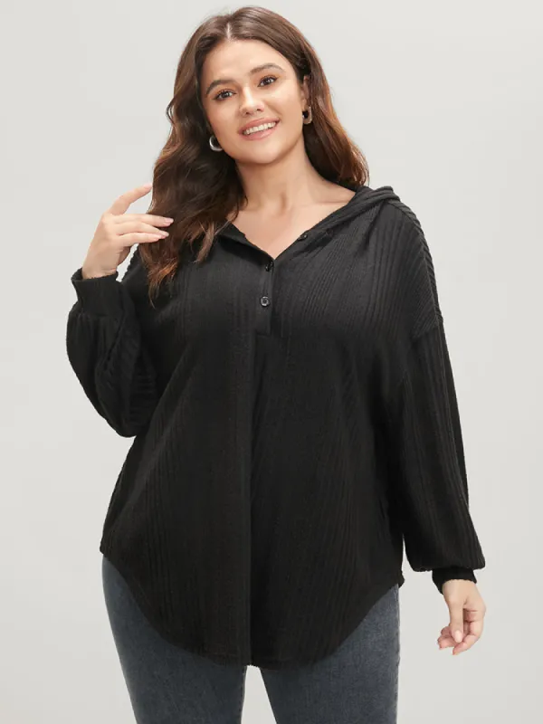 Solid Textured Rib Knit Arc Hem Hooded Sweatshirt sold by Bloomchic