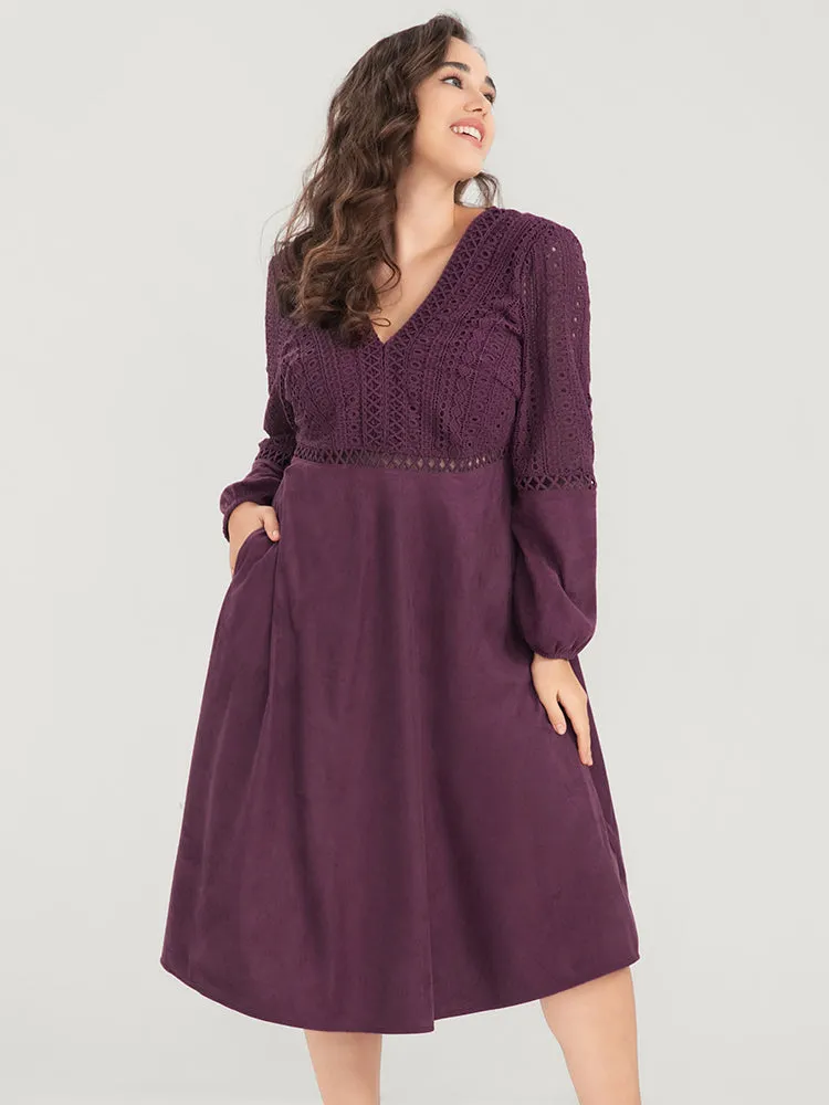 Solid Lantern Sleeve Pocket Crochet Lace Dress sold by Bloomchic product image thumbnail 3