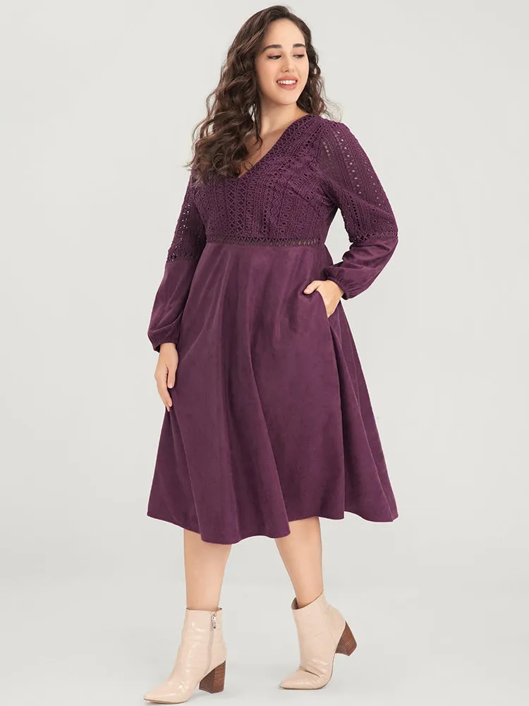 Solid Lantern Sleeve Pocket Crochet Lace Dress sold by Bloomchic