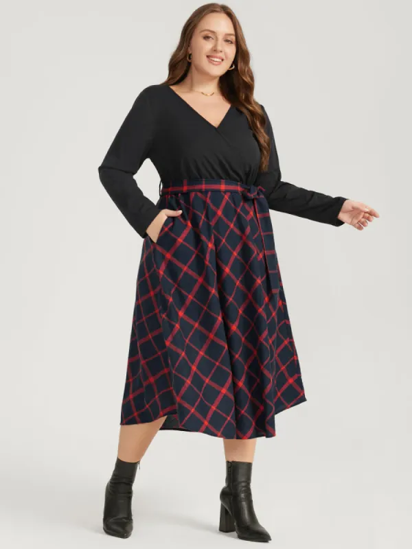 Plaid Patchwork Pocket Belted Surplice Neck Dress sold by Bloomchic