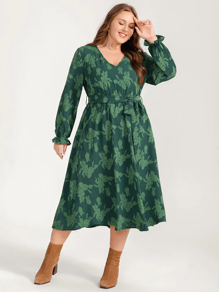 Floral Print Lantern Sleeve Pocket Belted Midi Dress sold by Bloomchic product image thumbnail 2