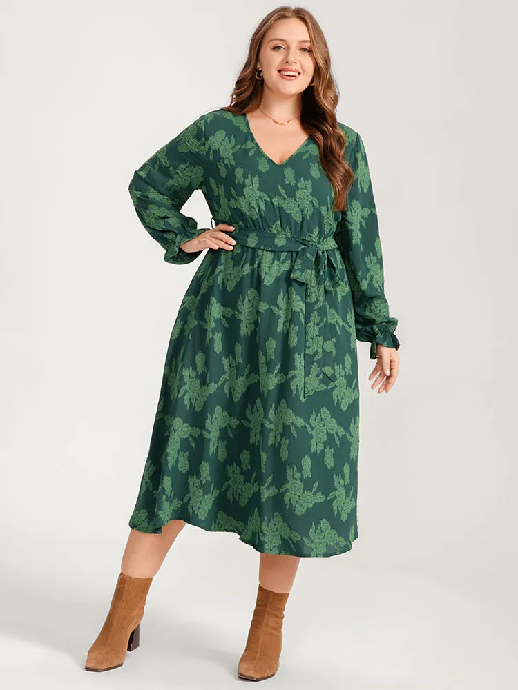 Floral Print Lantern Sleeve Pocket Belted Midi Dress sold by Bloomchic product image thumbnail 3
