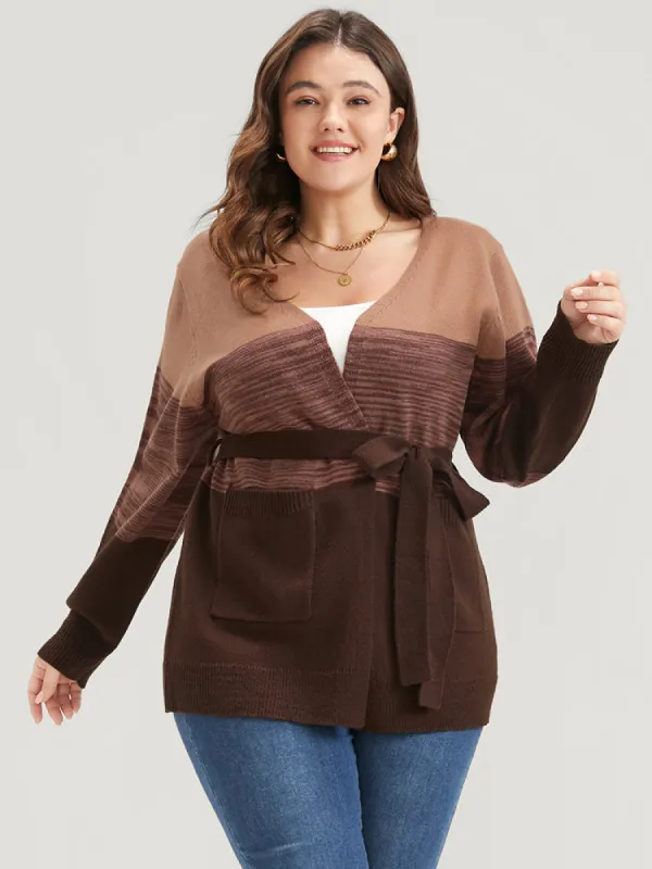 Colorblock Contrast Pointelle Knit Pocket Belted Open Front Cardigan sold by Bloomchic