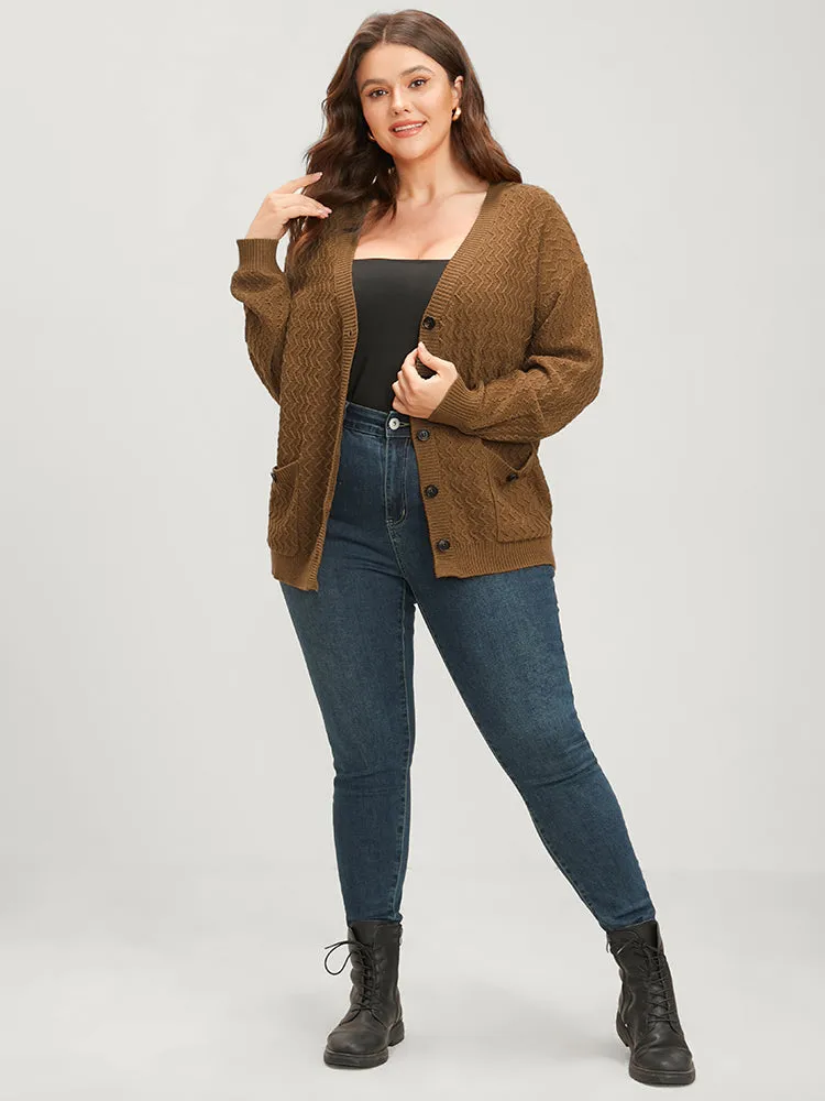 Plain Pointelle Knit Geometric Crochet Pocket Button Front Cardigan sold by Bloomchic product image thumbnail 2