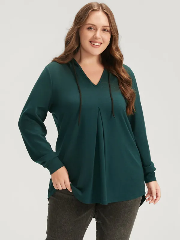 Solid V Neck Arc Hem Drawstring Hooded Sweatshirt sold by Bloomchic
