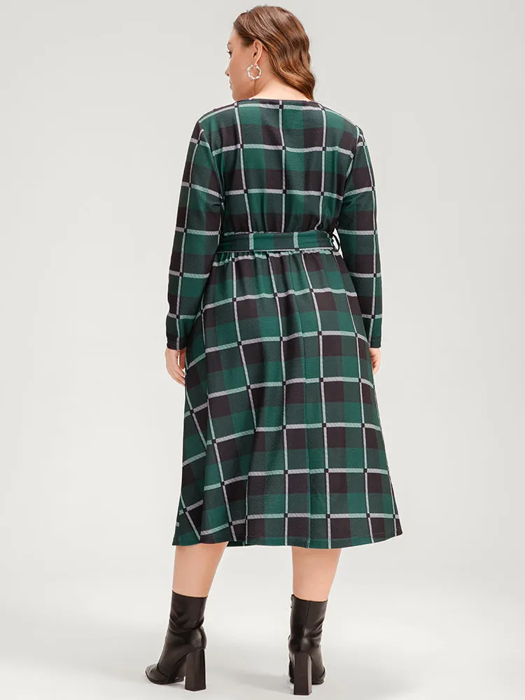 Plaid Surplice Neck Pocket Belted Midi Dress sold by Bloomchic product image thumbnail 3