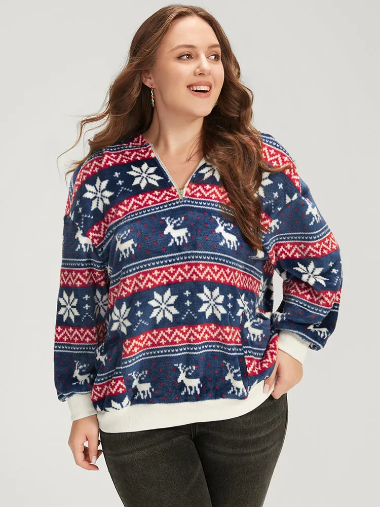 Snowflake & Elk Print Zipper Pocket Sweatshirt sold by Bloomchic
