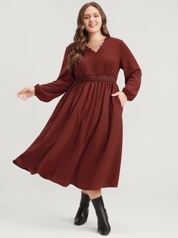 Solid Pocket Lace Insert Lantern Sleeve Flutter Dress sold by Bloomchic