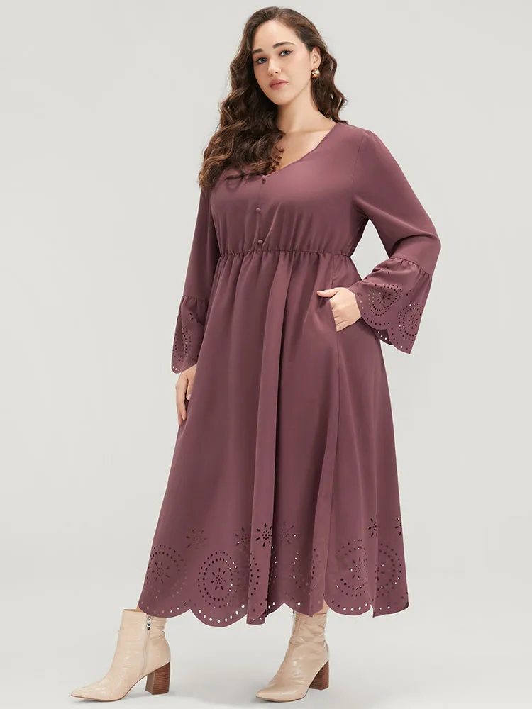 Solid Bell Sleeve Button Detail Laser Cut Dress sold by Bloomchic product image thumbnail 3