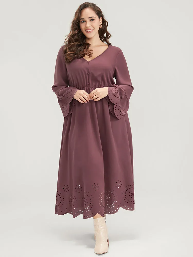 Solid Bell Sleeve Button Detail Laser Cut Dress sold by Bloomchic product image thumbnail 2