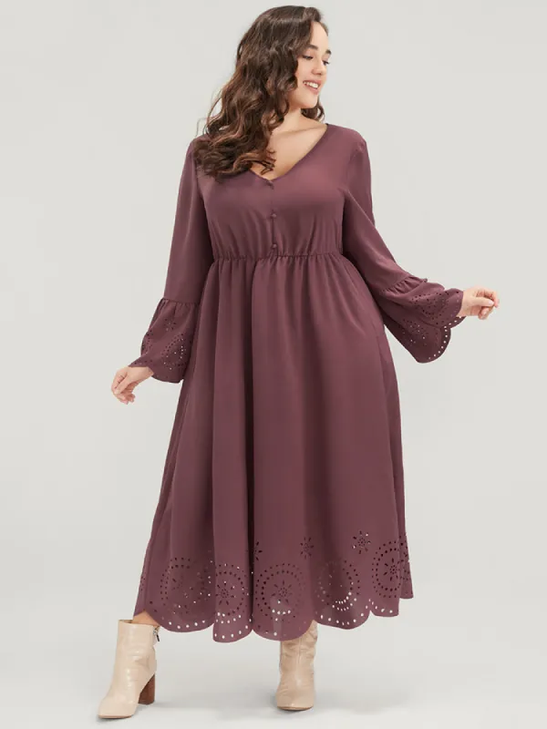 Solid Bell Sleeve Button Detail Laser Cut Dress sold by Bloomchic