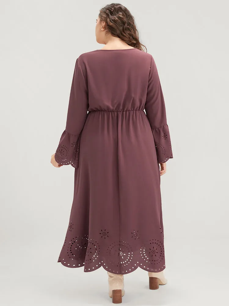 Solid Bell Sleeve Button Detail Laser Cut Dress sold by Bloomchic product image thumbnail 4