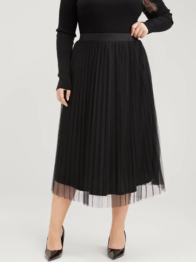 Solid Mesh Elastic Waist Pleated Skirt sold by Bloomchic