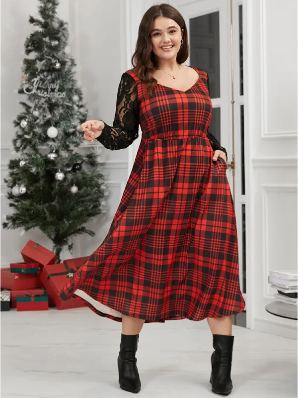 Plaid Pocket Contrast Lace V Neck Midi Dress sold by Bloomchic