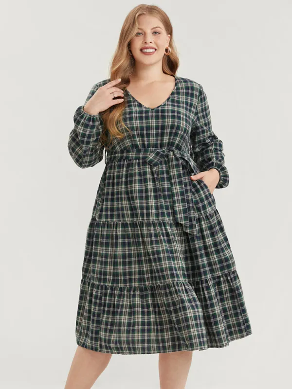 Tartan Pocket Belted Lantern Sleeve Ruffle Tiered Dress sold by Bloomchic