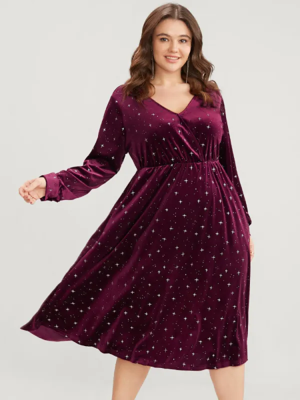Star Print Pocket Velvet Surplice Neck Midi Dress sold by Bloomchic