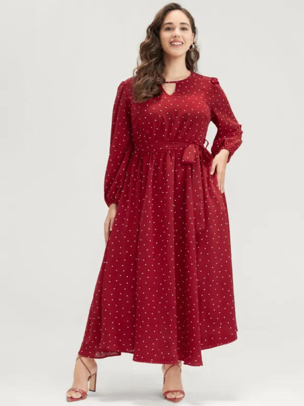 Polka Dot Keyhole Round Neck Pocket Belted Ruffle Dress sold by Bloomchic