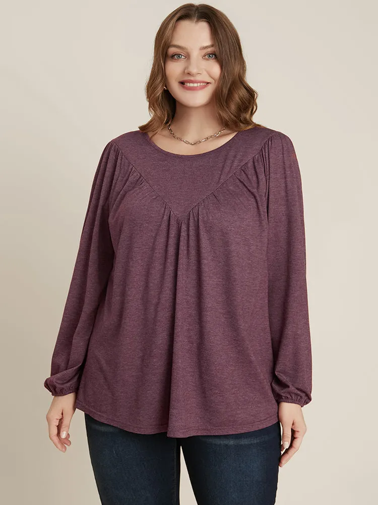 Solid Round Neck Gathered Lantern Sleeve Blouse sold by Bloomchic product image thumbnail 3