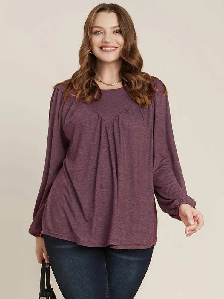Solid Round Neck Gathered Lantern Sleeve Blouse sold by Bloomchic