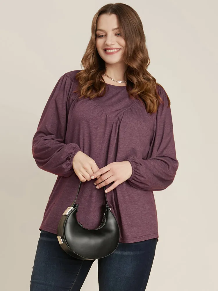 Solid Round Neck Gathered Lantern Sleeve Blouse sold by Bloomchic product image thumbnail 2