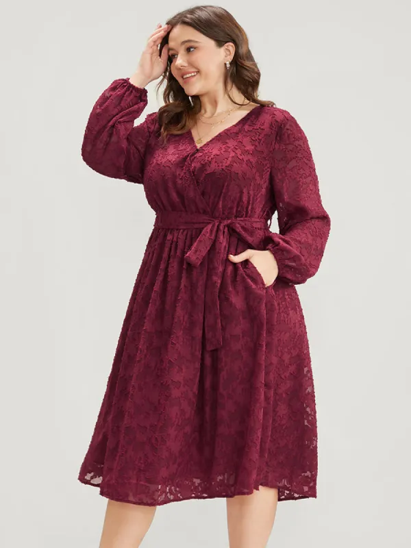 Floral Pocket Lantern Sleeve Belted Surplice Neck Dress sold by Bloomchic