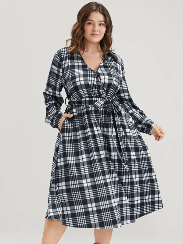 Plaid Surplice Neck Lantern Sleeve Pocket Belt Midi Dress sold by Bloomchic