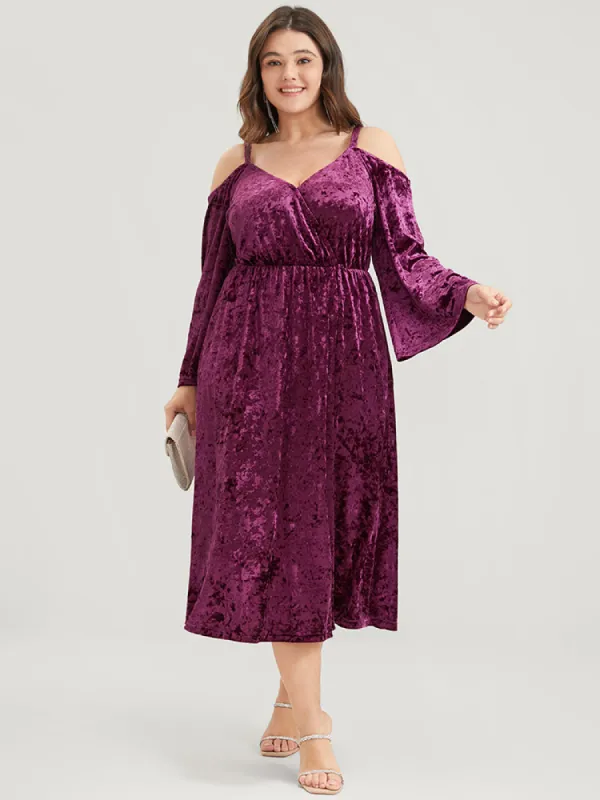 Solid Cold Shoulder Pocket Bell Sleeve Velvet Dress sold by Bloomchic