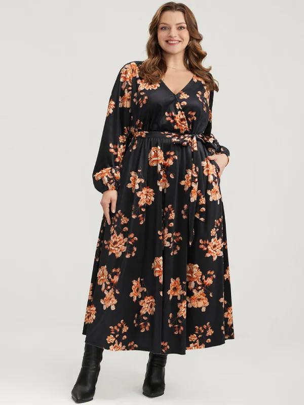 Floral Lantern Sleeve Belted Surplice Neck Velvet Maxi Dress sold by Bloomchic