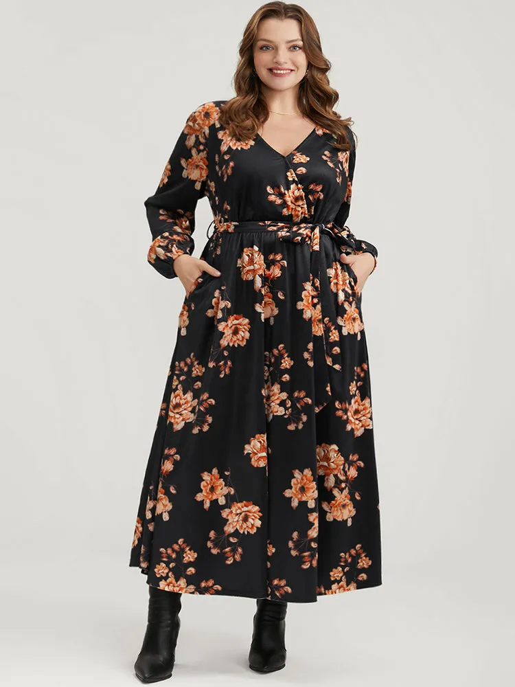 Floral Lantern Sleeve Belted Surplice Neck Velvet Maxi Dress sold by Bloomchic product image thumbnail 3