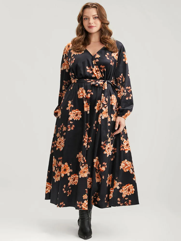 Floral Lantern Sleeve Belted Surplice Neck Velvet Maxi Dress sold by Bloomchic product image thumbnail 2