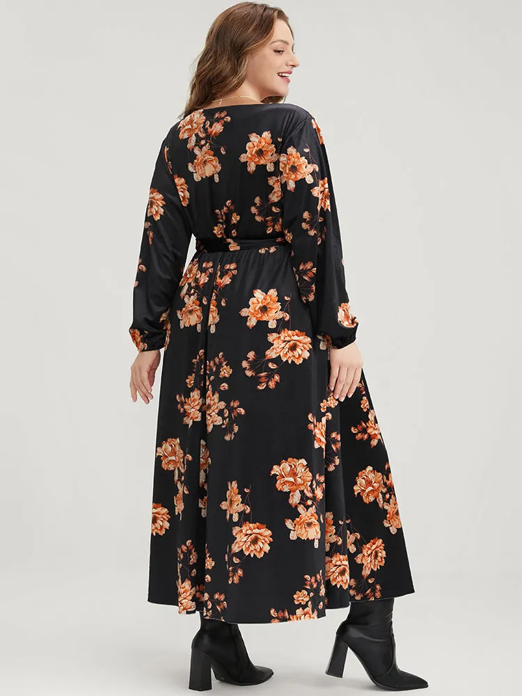 Floral Lantern Sleeve Belted Surplice Neck Velvet Maxi Dress sold by Bloomchic product image thumbnail 5
