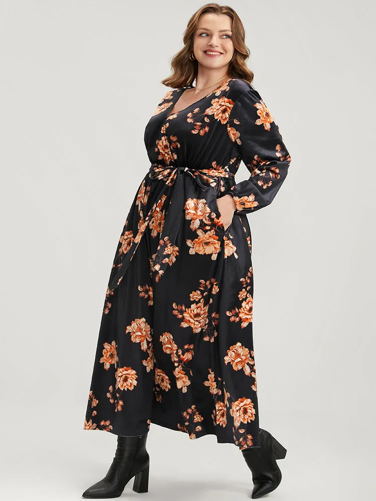 Floral Lantern Sleeve Belted Surplice Neck Velvet Maxi Dress sold by Bloomchic product image thumbnail 4