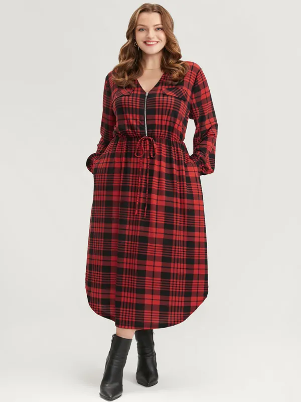 Plaid Zip Up Lantern Sleeve Ties Arc Hem Dress sold by Bloomchic