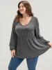 Solid V Neck Ruffle Lantern Sleeve Long Tee sold by Bloomchic