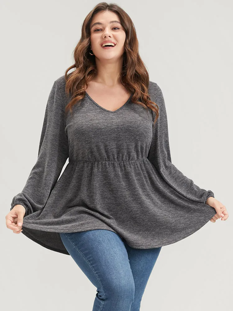 Solid V Neck Ruffle Lantern Sleeve Long Tee sold by Bloomchic