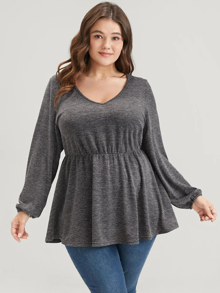 Solid V Neck Ruffle Lantern Sleeve Long Tee sold by Bloomchic product image thumbnail 2